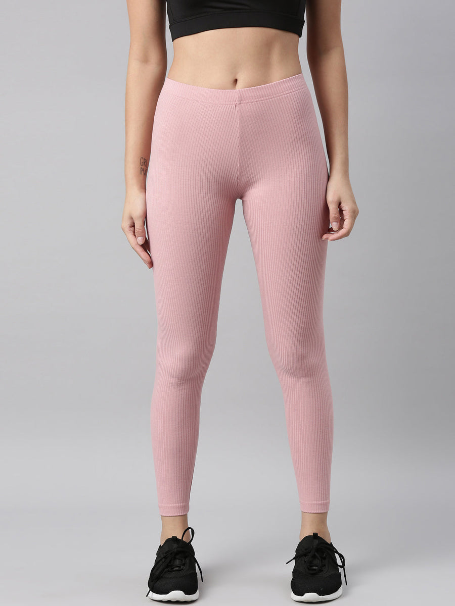 Women Solid Light Pink Ribbed Leggings