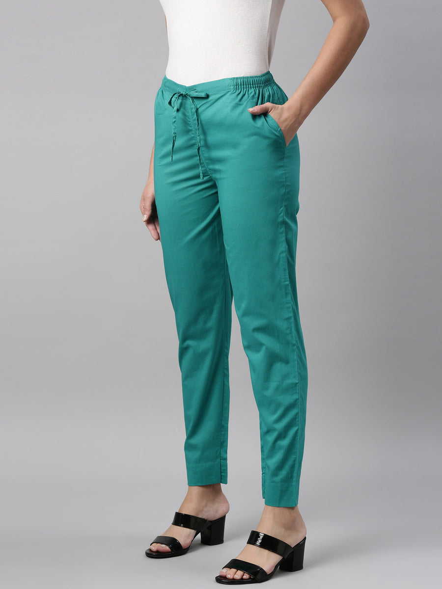 Women Solid Peacock Green Comfort Fit Cotton Pants