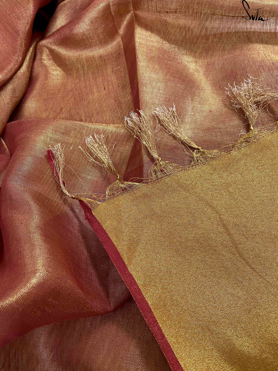 Linen Zari Pink Golden Saree With Blouse Piece, Raga Abhogi