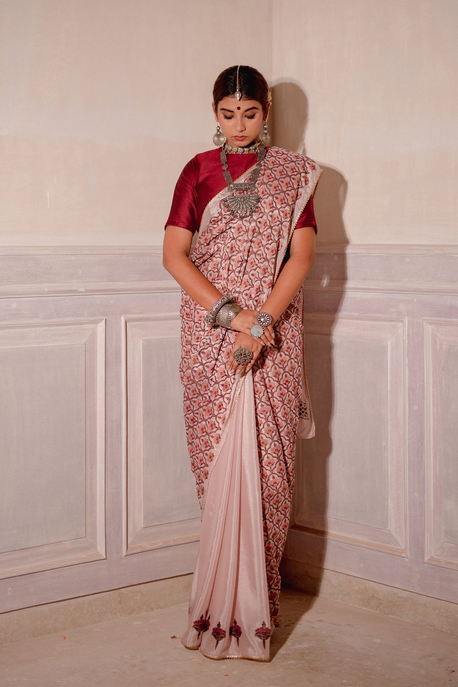 Blush Pink Hand Blocked Chinon Saree Set
