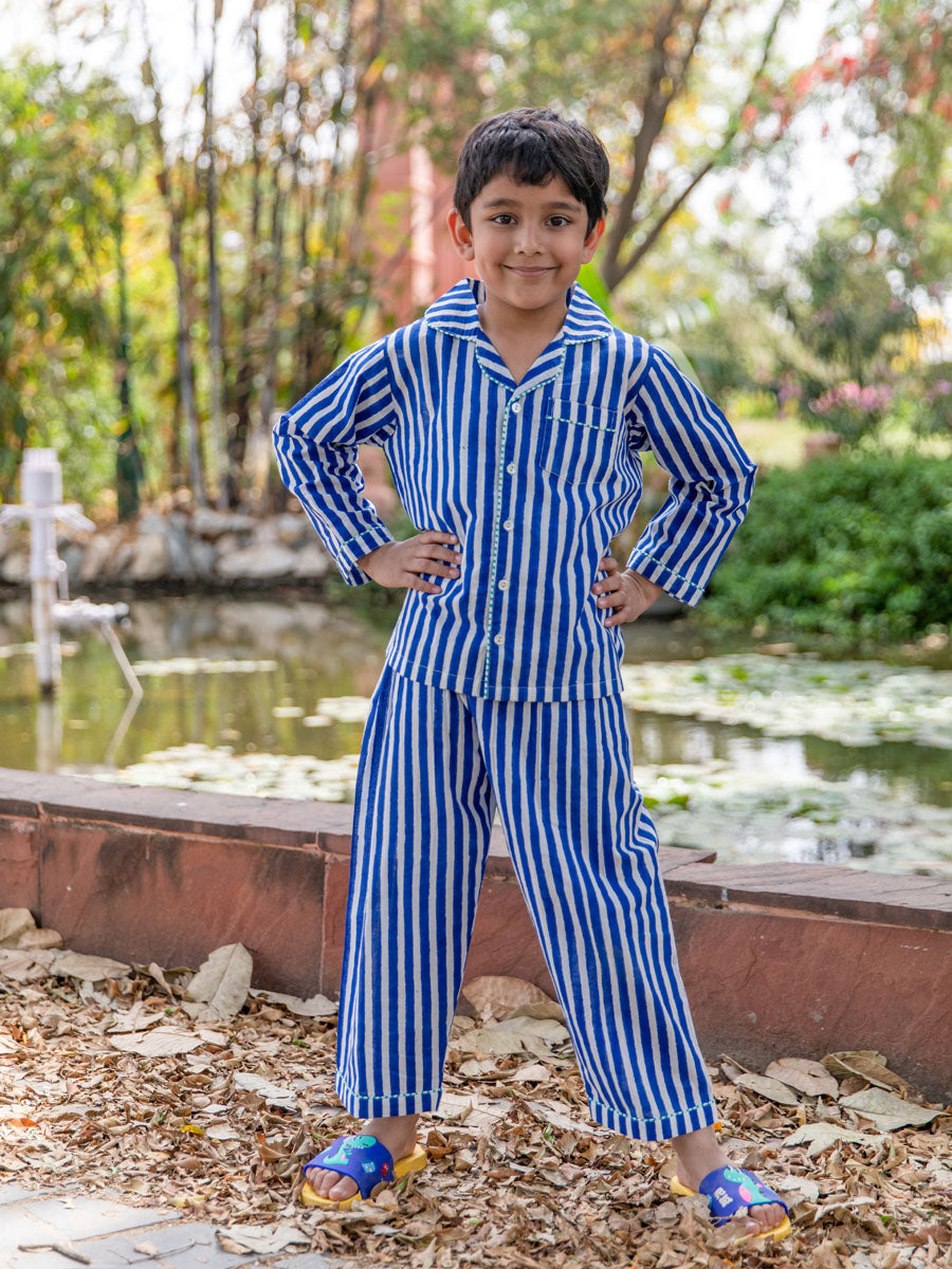 Blue Stripes Block Printed Cotton Top & Pyjama Set