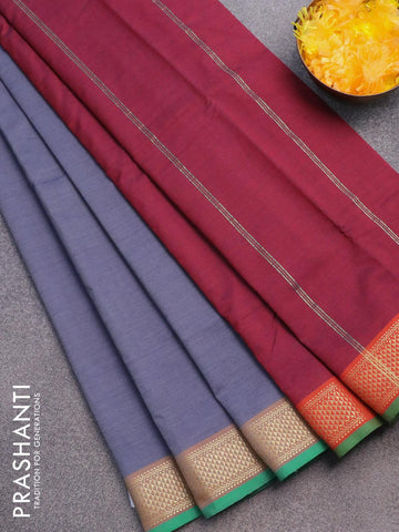 10 yards semi silk cotton saree grey and maroon with plain body and zari woven border without blouse