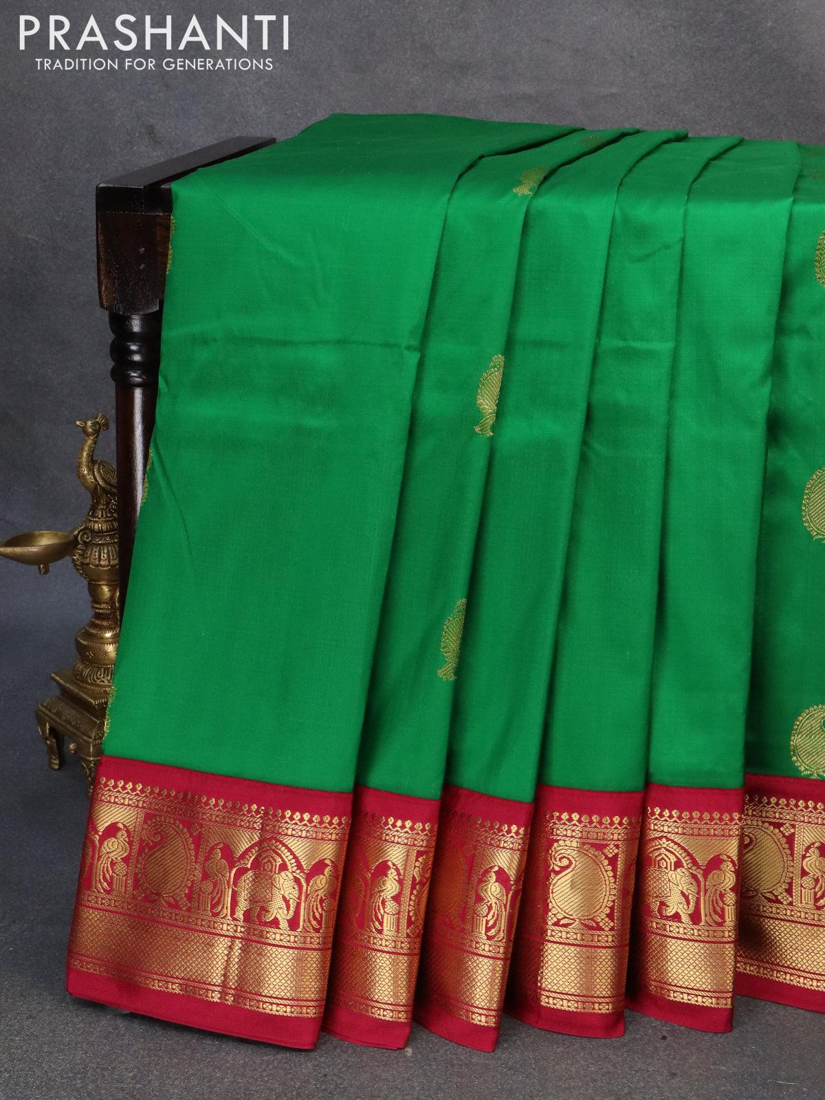 10 yards silk saree green and maroon with annam & paisley zari woven buttas and zari woven border without blouse