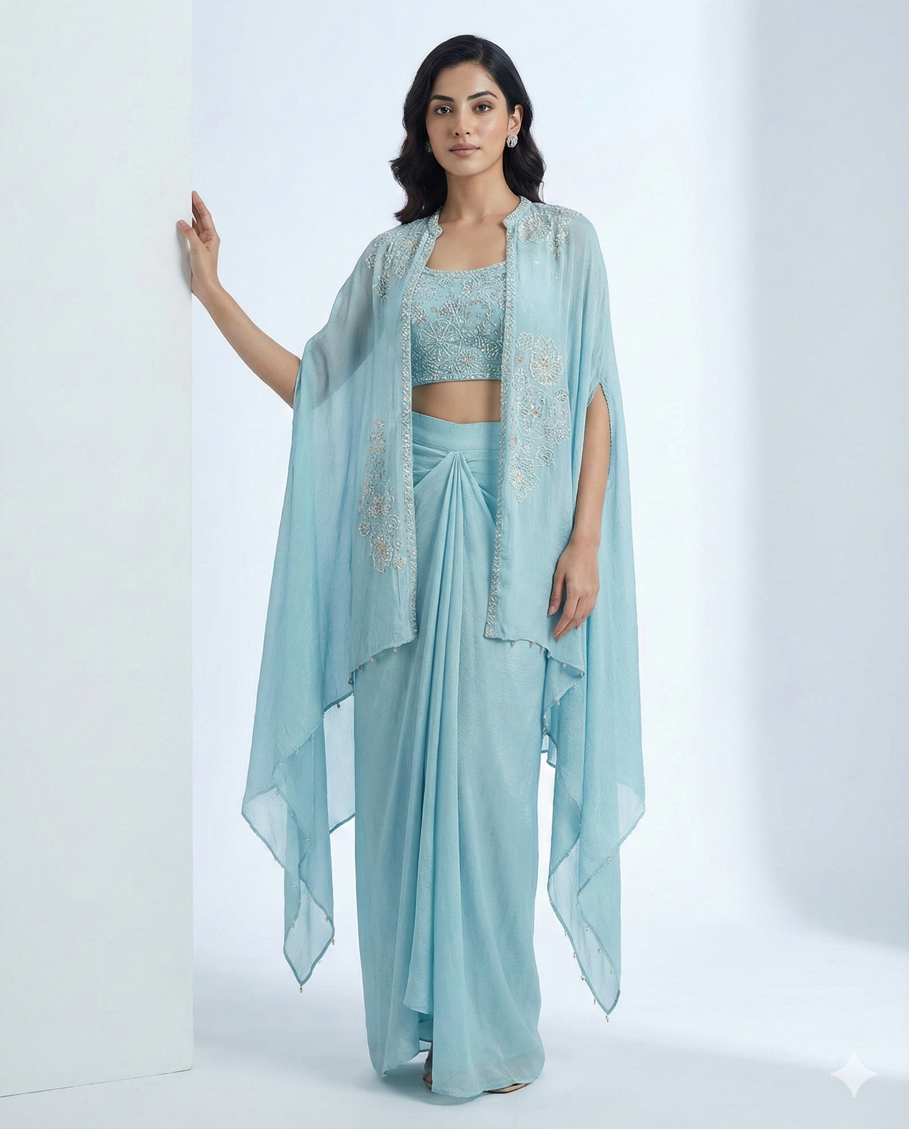 Georgette Ensemble with Heavy Hand Moti & Cutdana Work | Tulip Skirt with Cape-Style Jacket