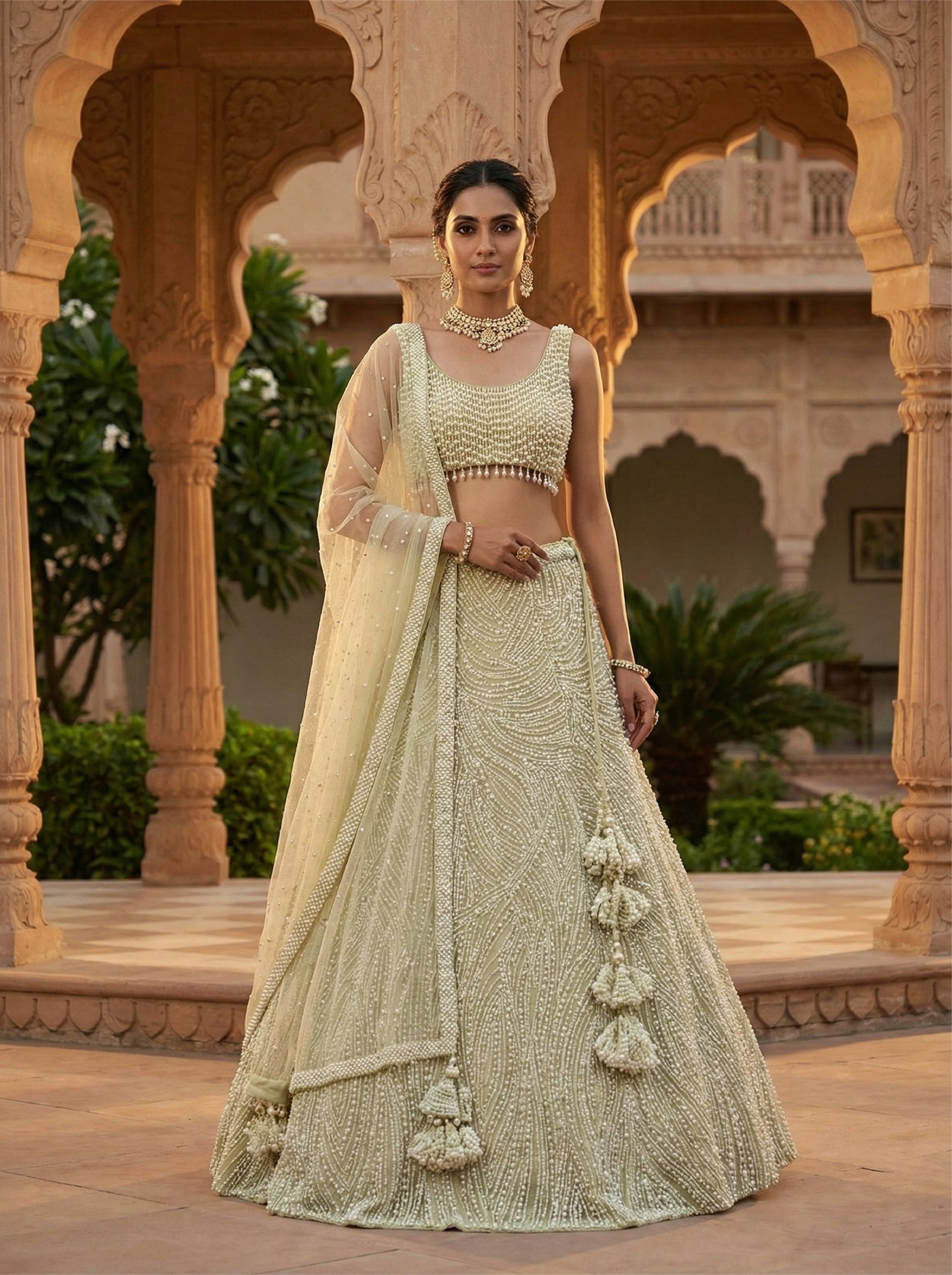 Ivory Net Heavy Pearl Embroidered Ghagra Set
