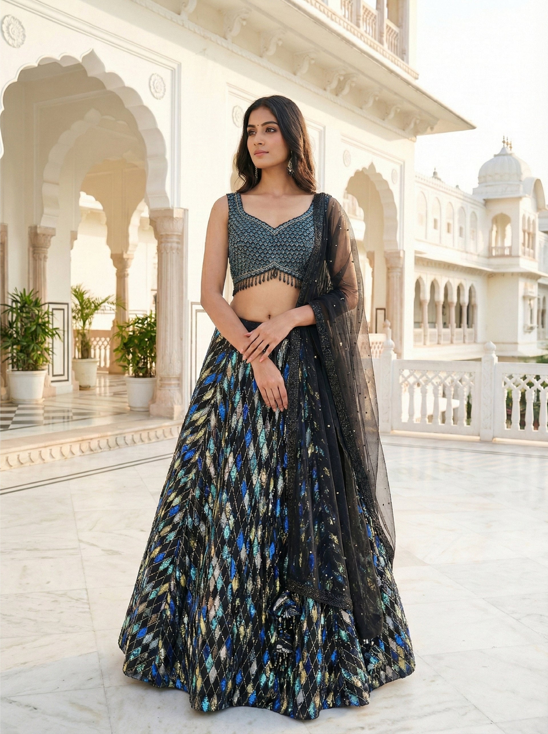 Black Net Heavy Sequins And Floral Embroidered Ghagra Set