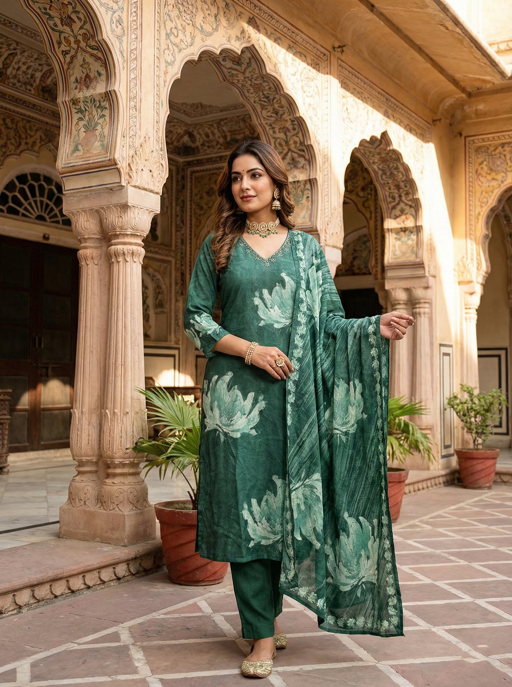 Bottle Green Muslin Floral Printed Three Piece Set