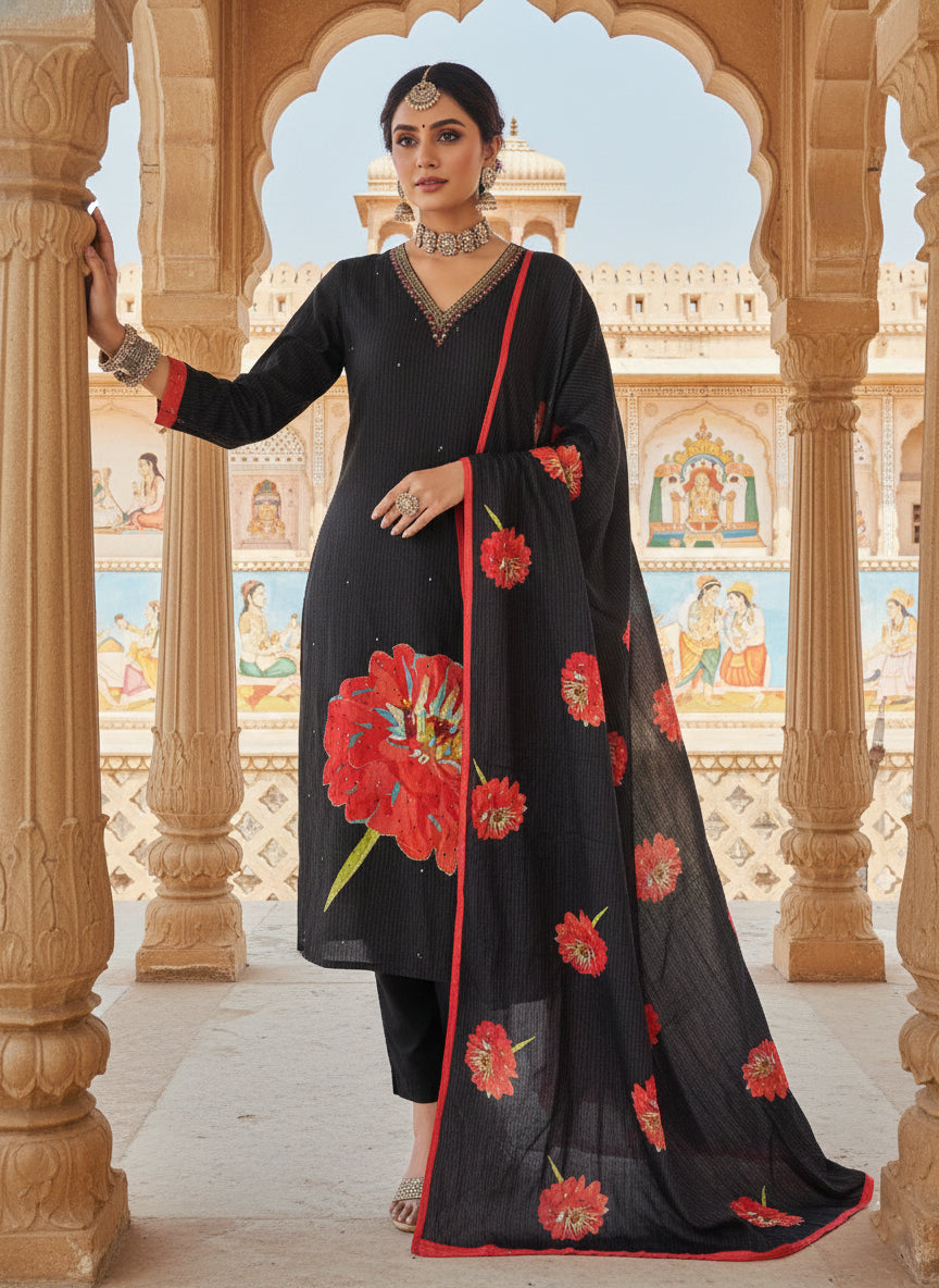Black Muslin Floral Printed Three Piece Set