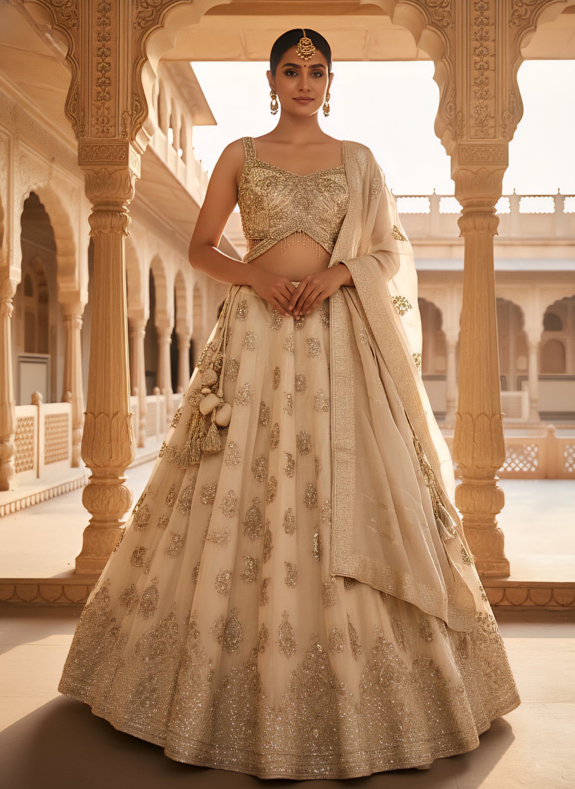 Beige Georgette With Heavy Zari And Sequins Ghagra Set