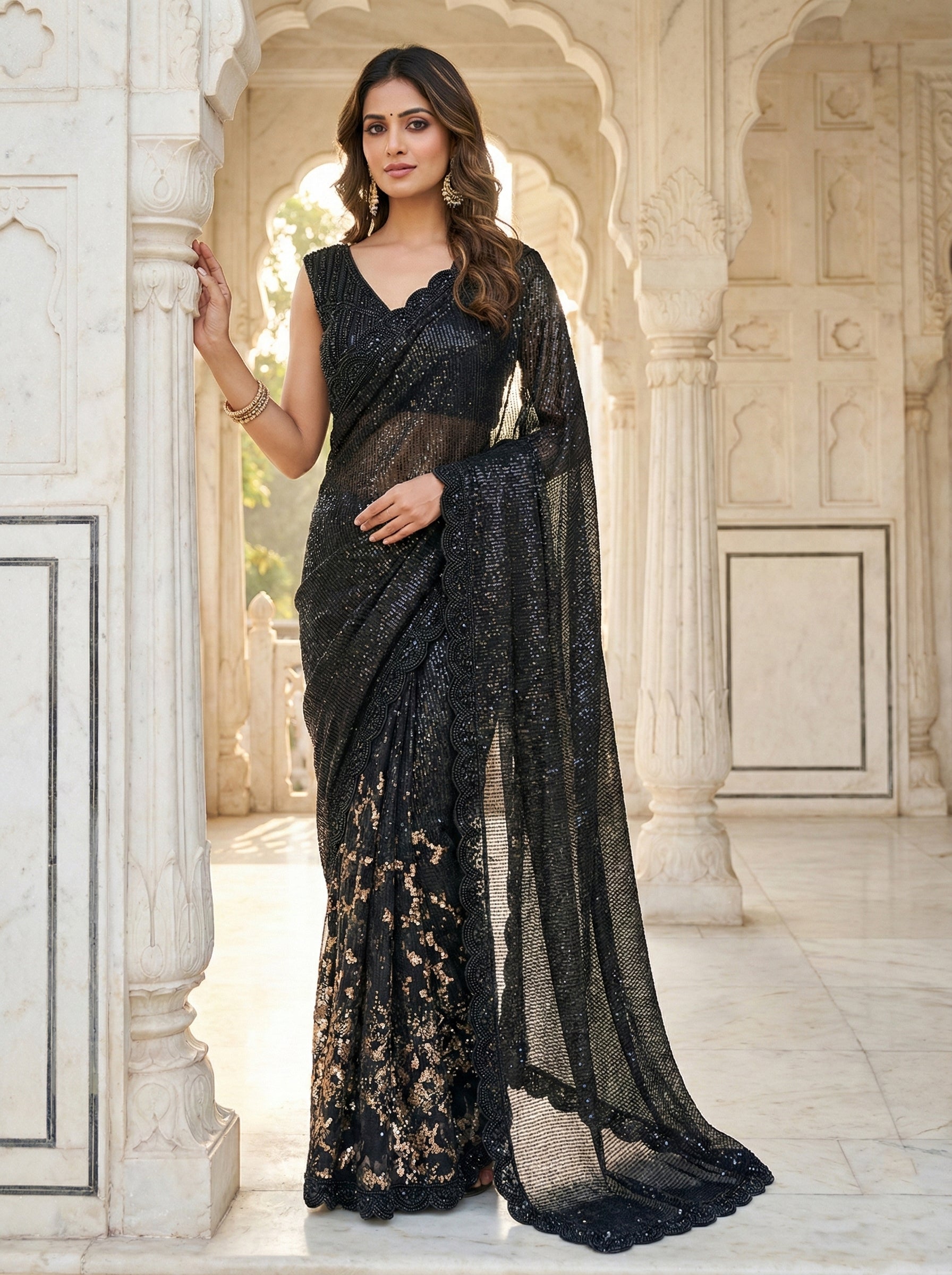 Black Net Heavy Sequins And Stone Work Saree With Readymade Blouse