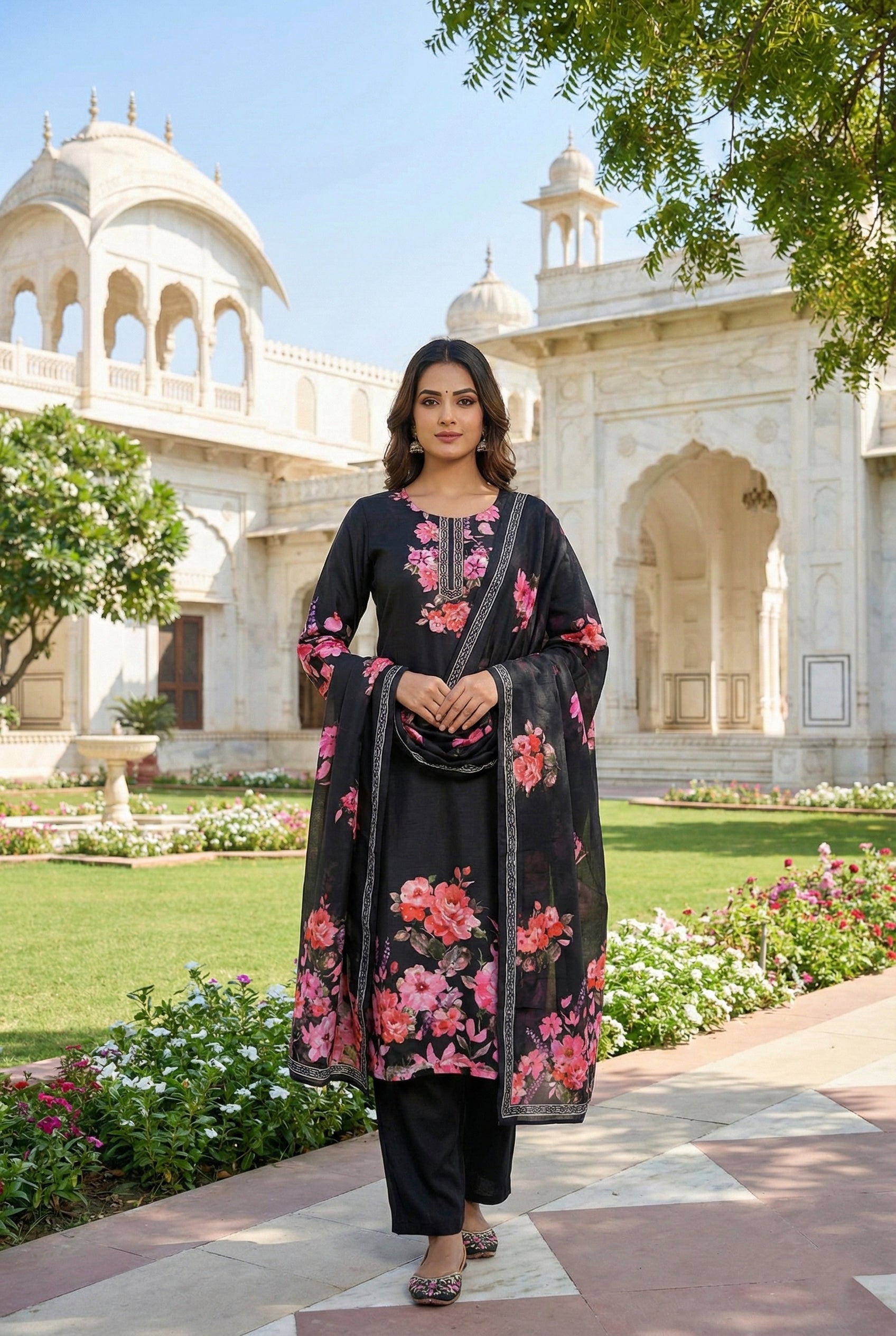 Black Silk Floral Digital Print Three Piece Set