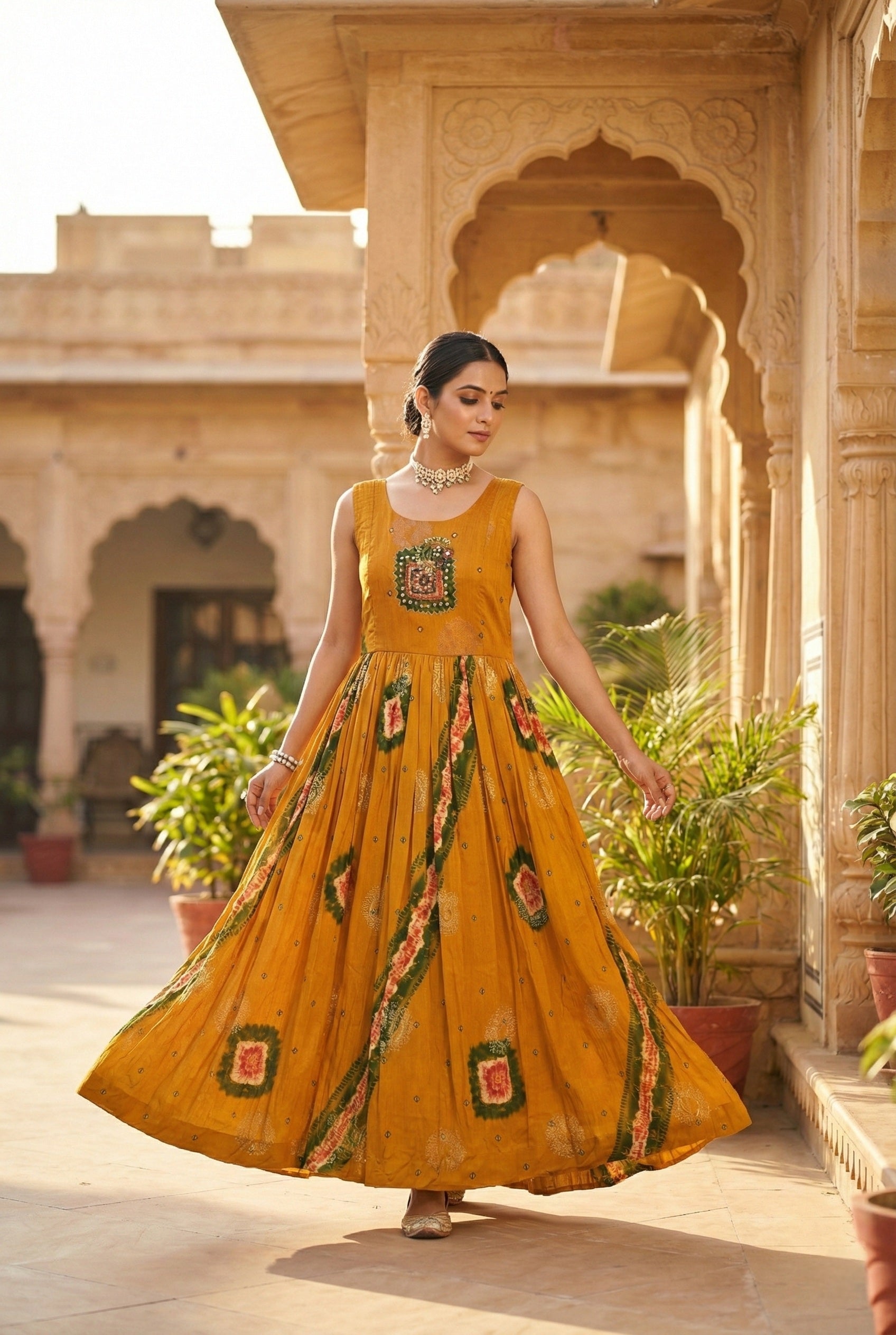 Gold Chinon Beads And Stone Embroidery Dress