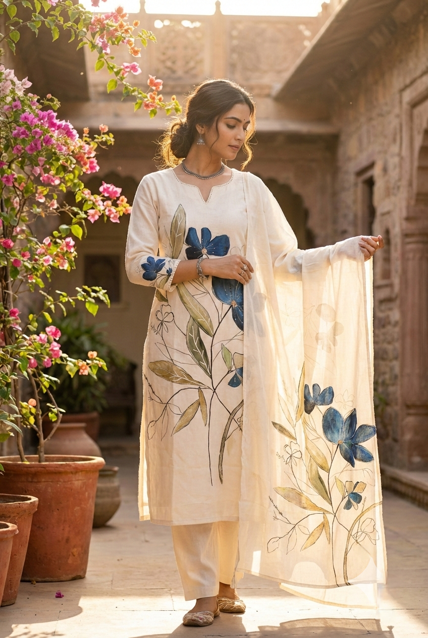 Blue Linen Floral Printed Three Piece Set