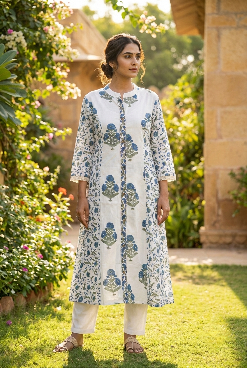 Blue Cotton Floral Printed Two Piece Set