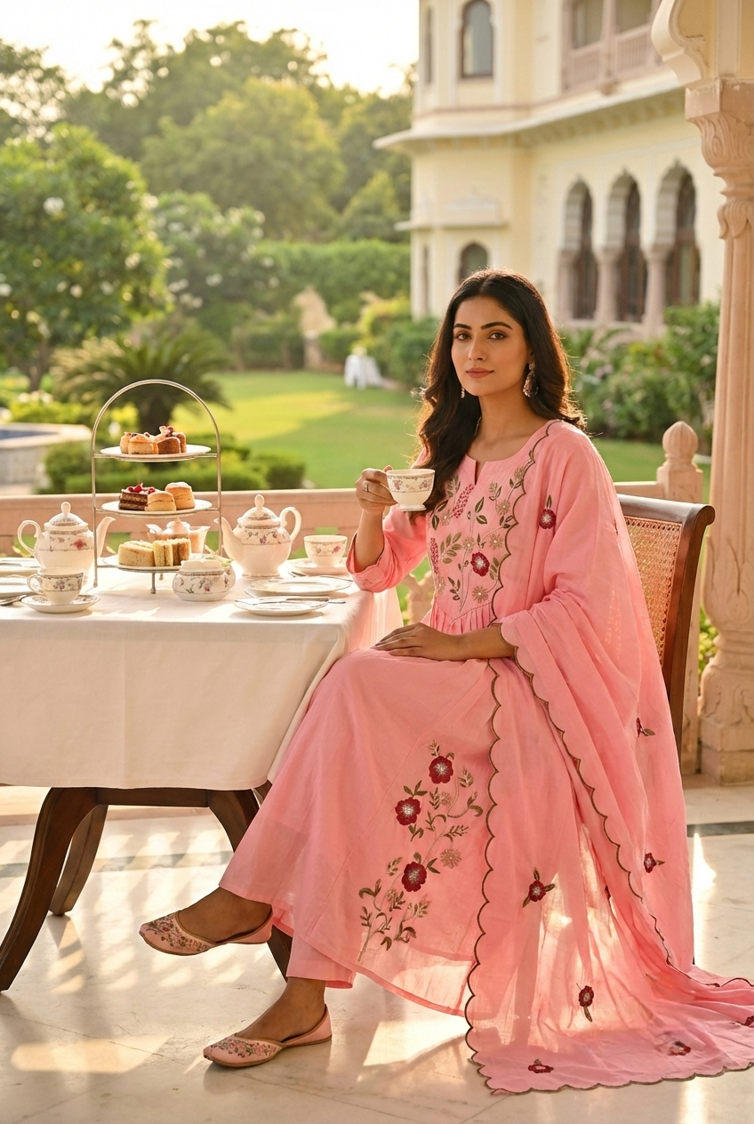 Baby Pink Cotton Floral Hand Embroidery Three Piece Set