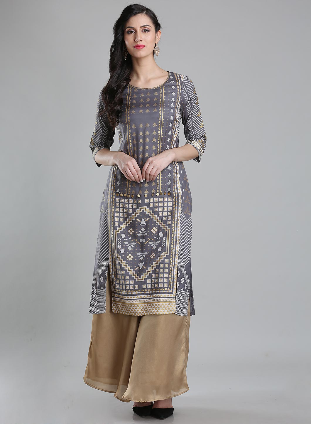 Grey Printed Round Neck kurta