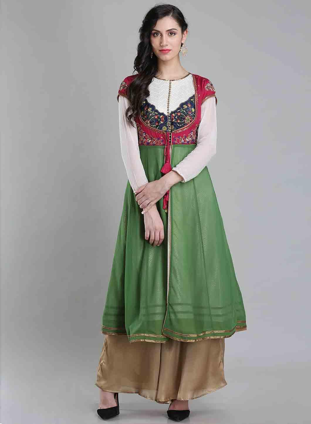 Maroon & Green Round Neck kurta