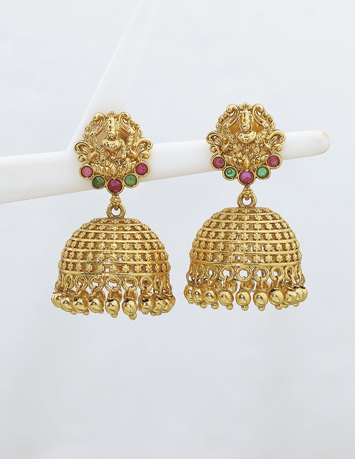 Designer Lakshmi Devi Ruby and Emerald Jhumka Earrings