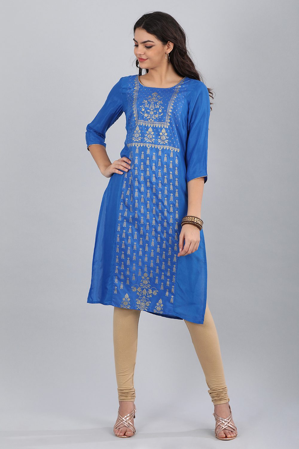 Blue Round Neck Printed kurta