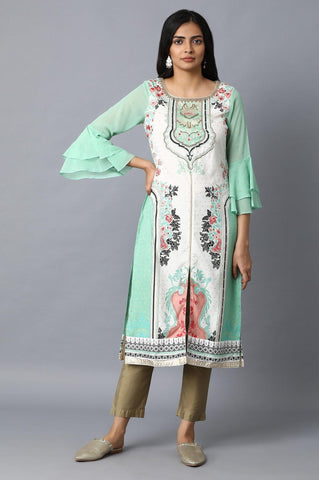 White and Green Printed Straight kurta