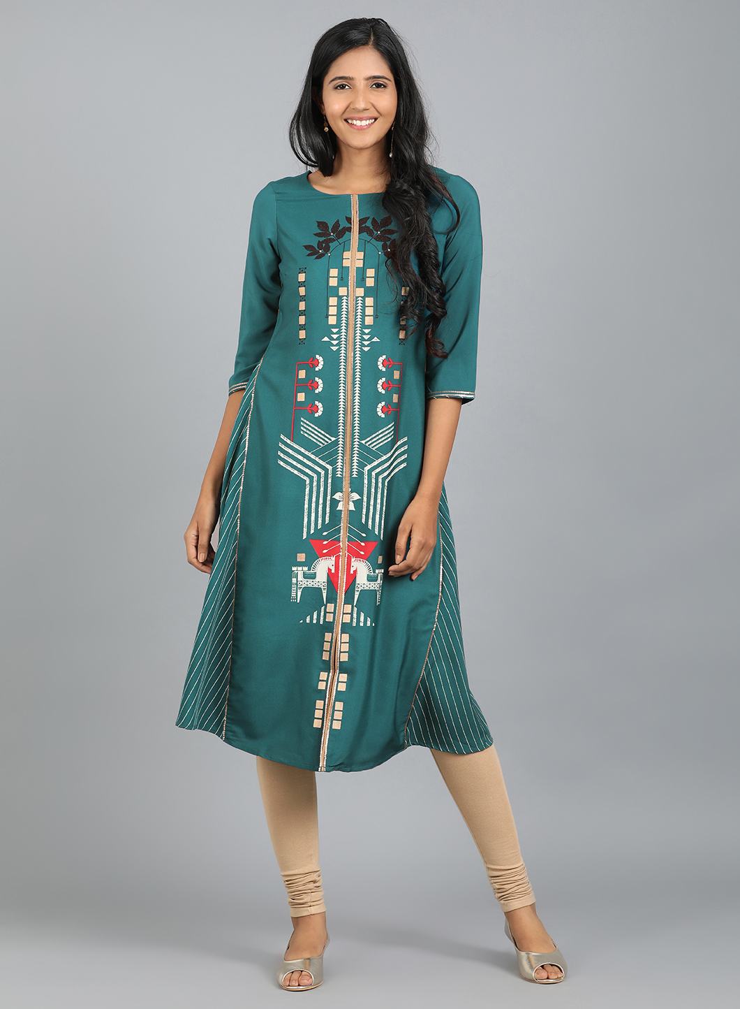 Teal Blue Round Neck Printed kurta