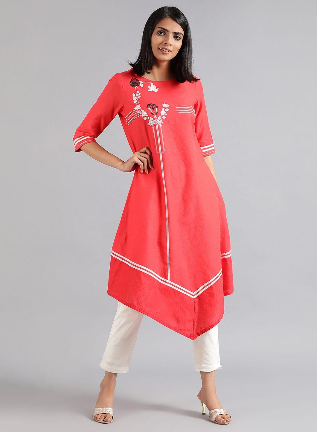 Red Round Neck Floral Print kurta