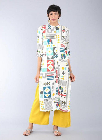 White Mandarin Neck Printed kurta