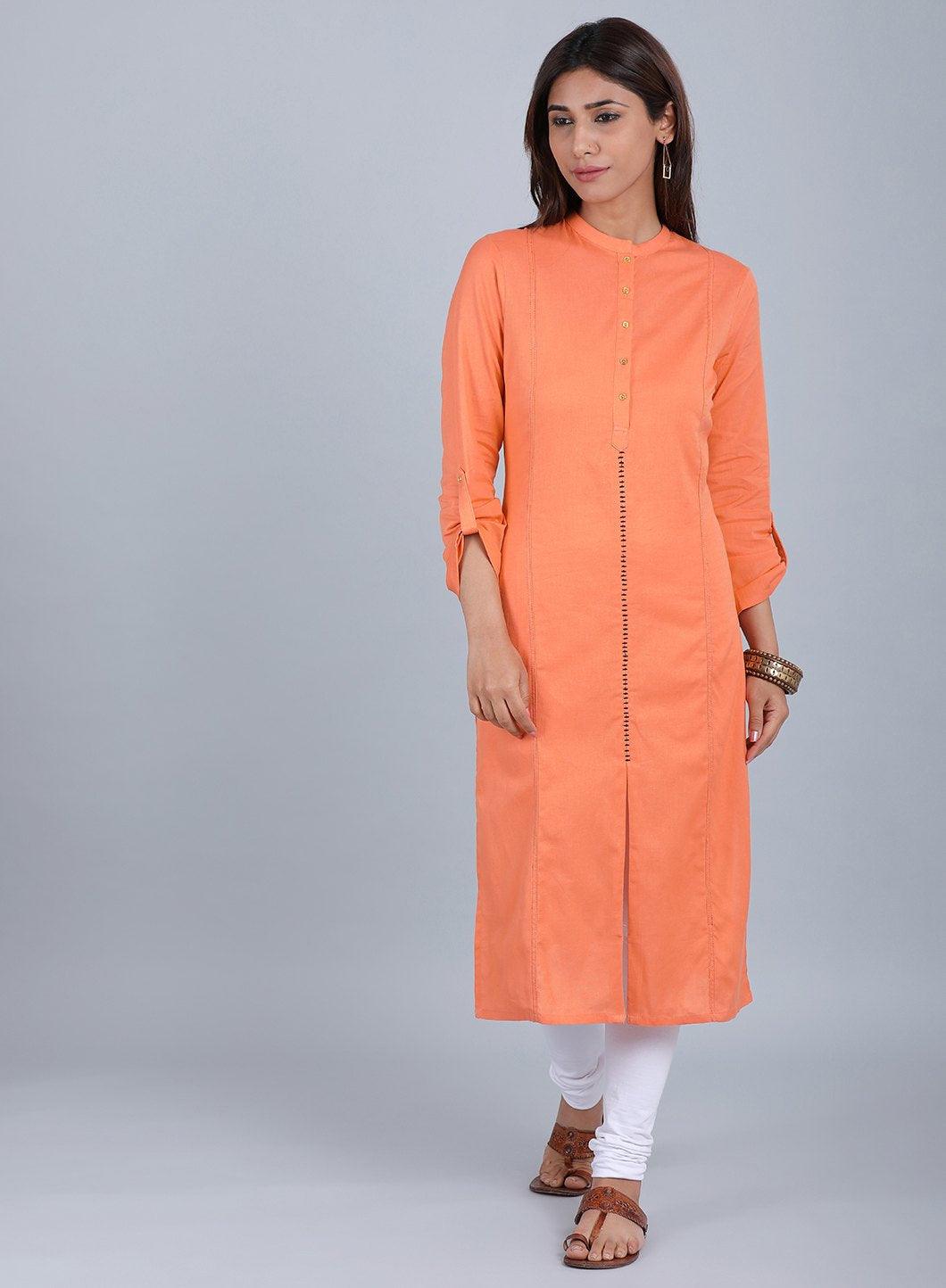 Orange Mandarin Neck Solid kurta