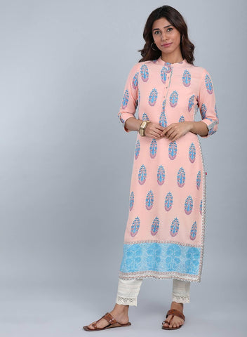 Peach Mandarin Neck Printed kurta