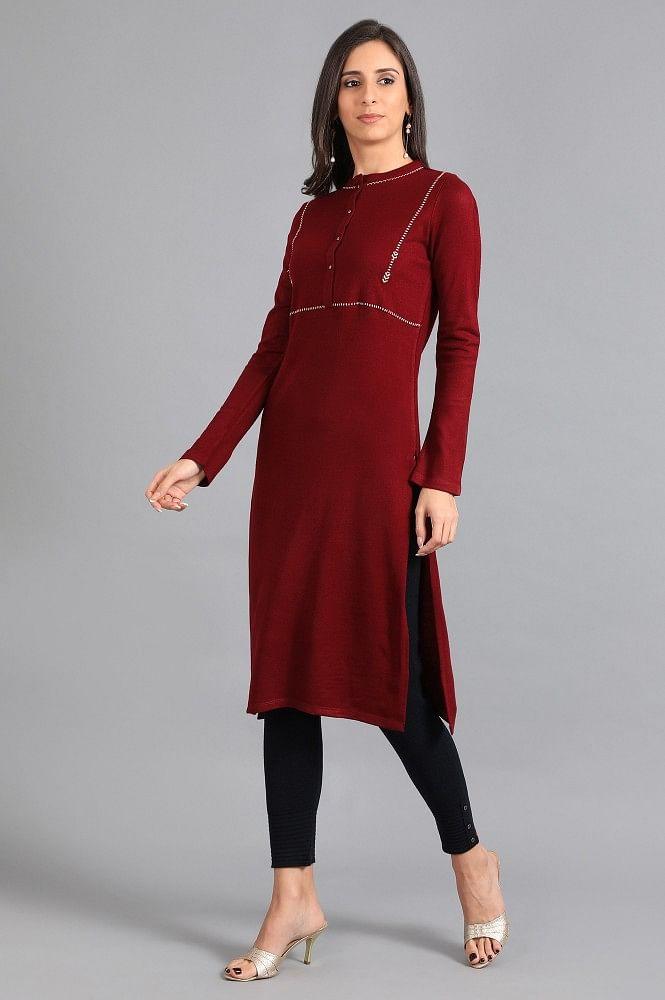 Red Mandarin Neck Solid Winter kurta