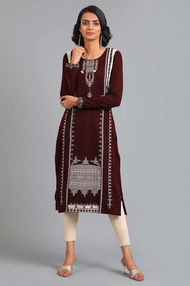 Red Round Neck Solid Winter kurta