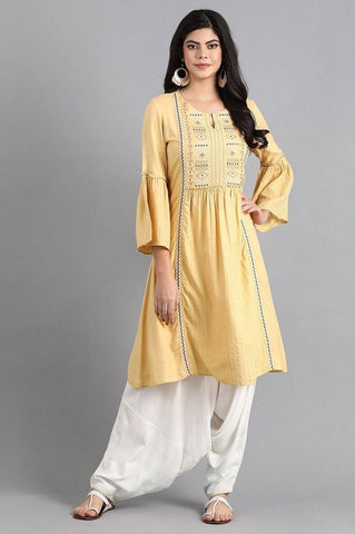 Yellow Round Neck Tie-up kurta