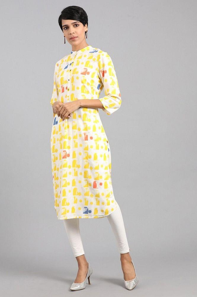 Yellow Mandarin Neck Printed kurta