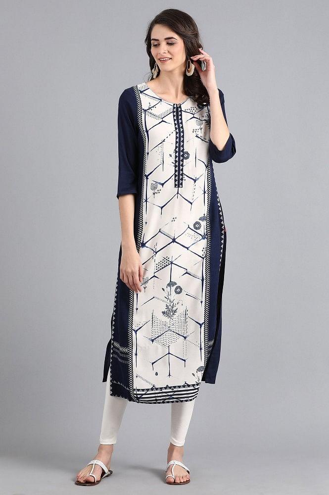 White Round Neck Printed kurta