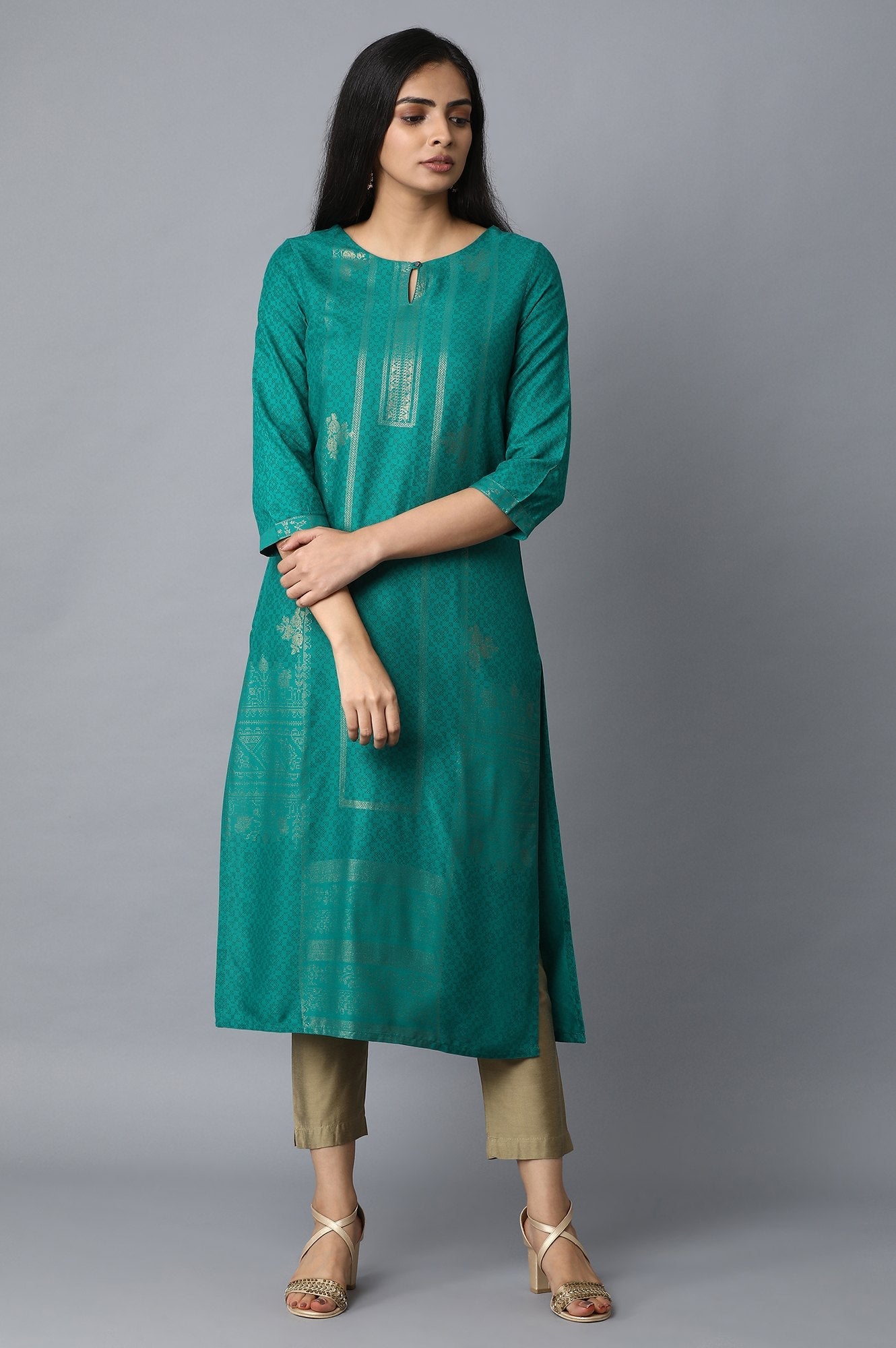 Dark Teal Foil Placement Print kurta