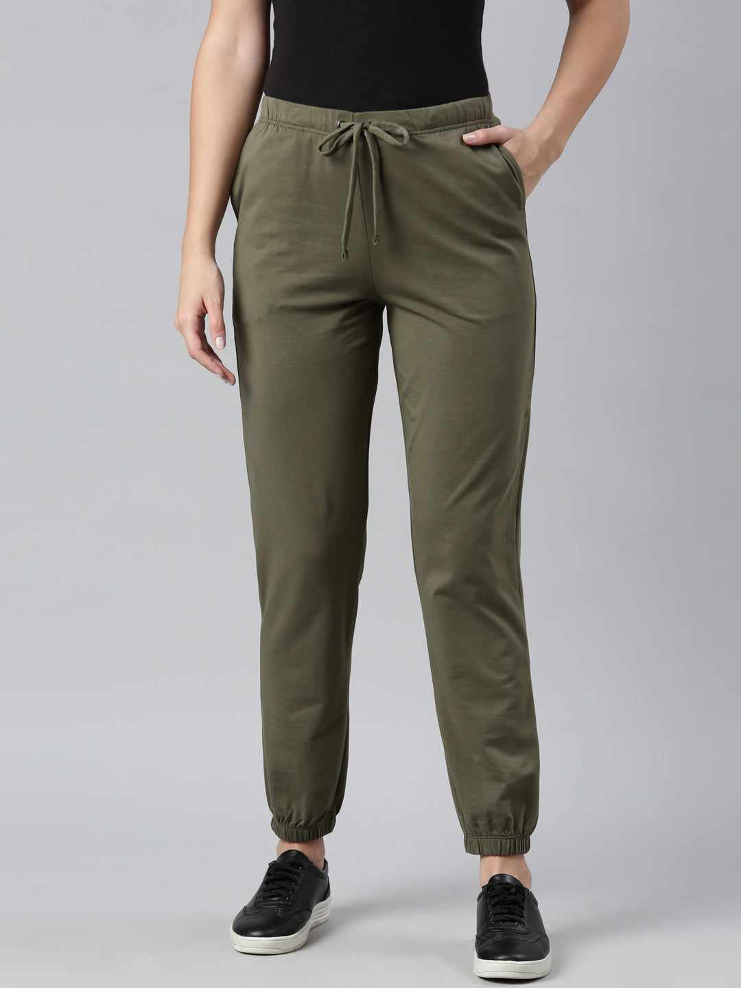 Women Solid Olive Green Mid Rise Casual Joggers