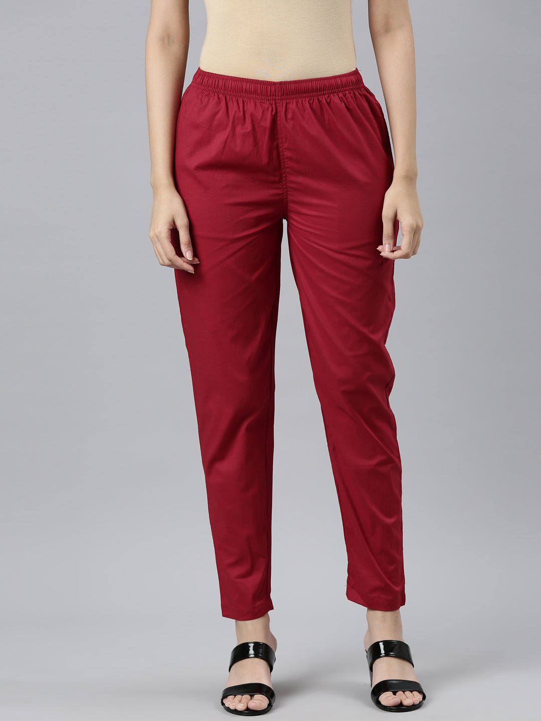 Women Solid Light Maroon Mid Rise Cotton Pants