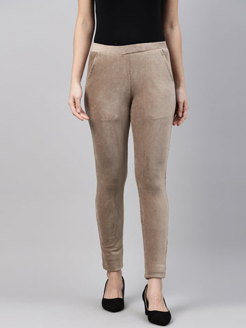 Women Solid Chocolate Mid Rise Corduroy Jeggings