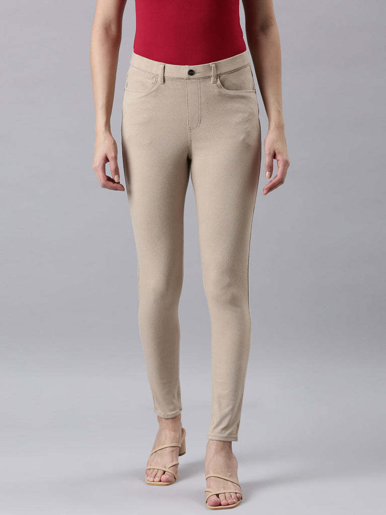 Women Solid Beige Straight Fit Silk Pant