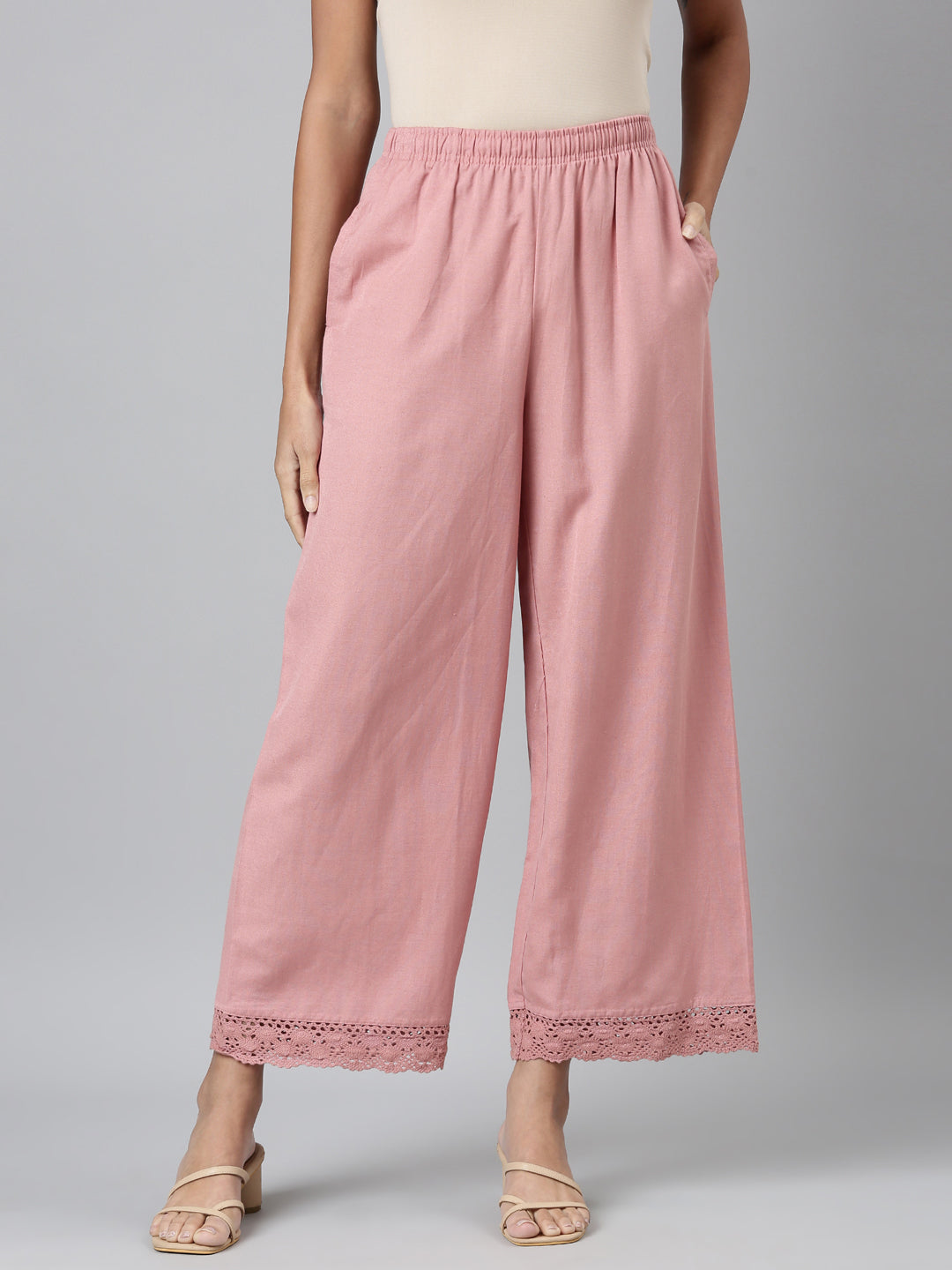 Women Solid Baby Pink Mid Rise Linen Wide Pant – Cherrypick