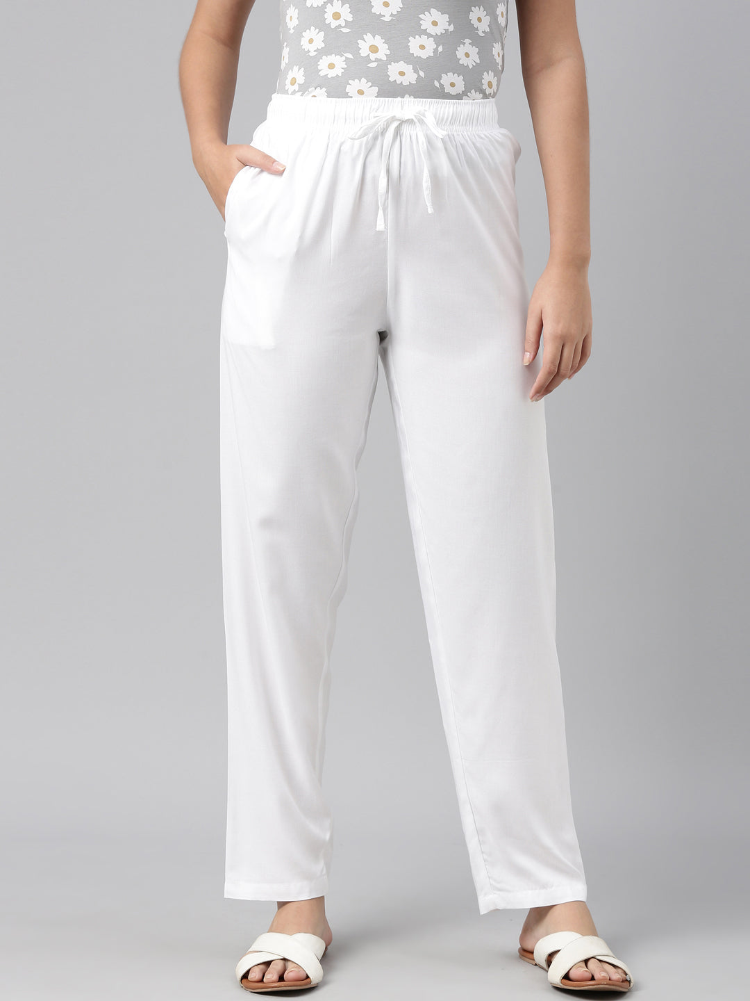 Women Solid White Mid Rise Casual Pants – Cherrypick