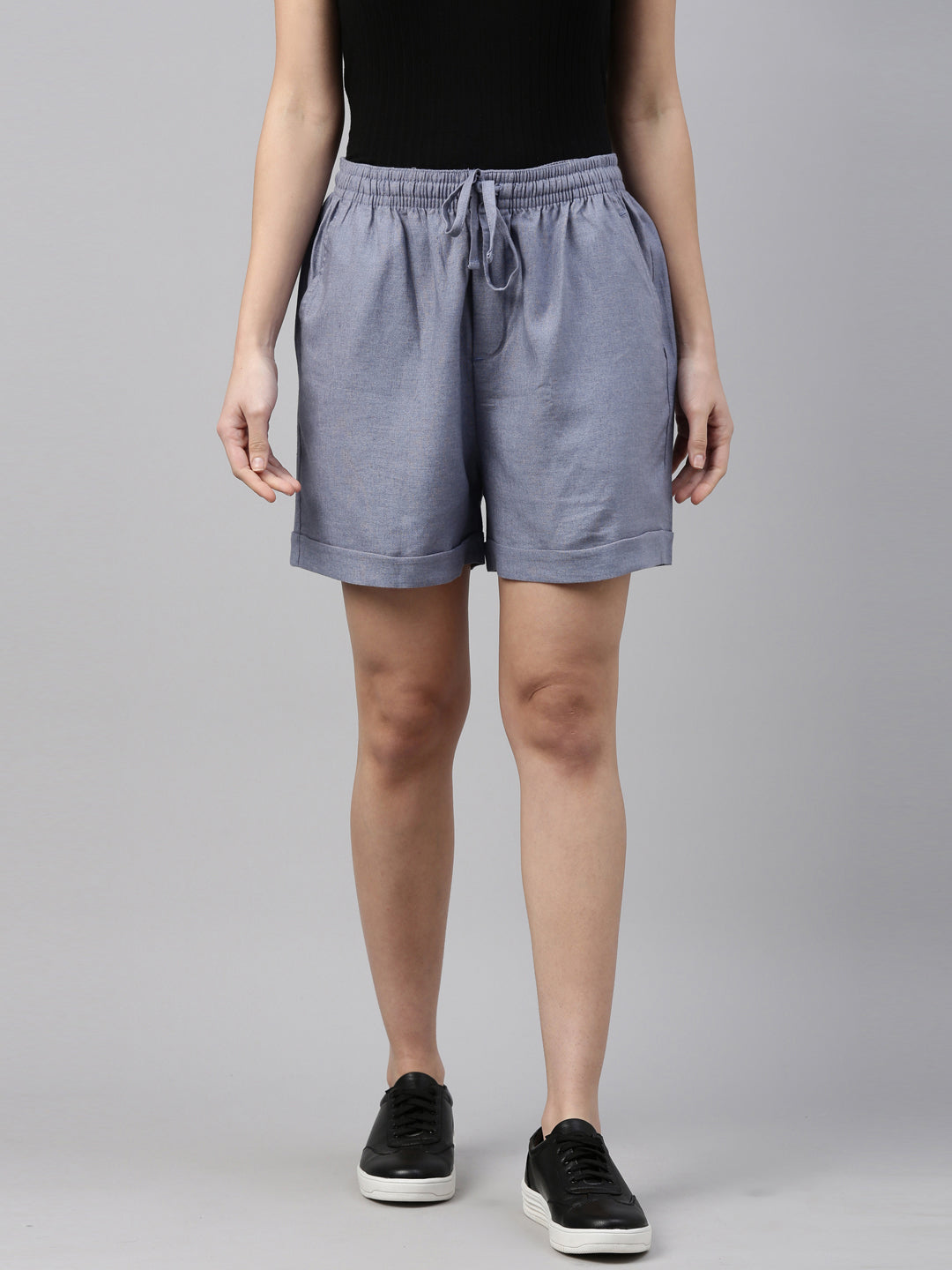 Women Solid Jeans Blue Linen Shorts – Cherrypick