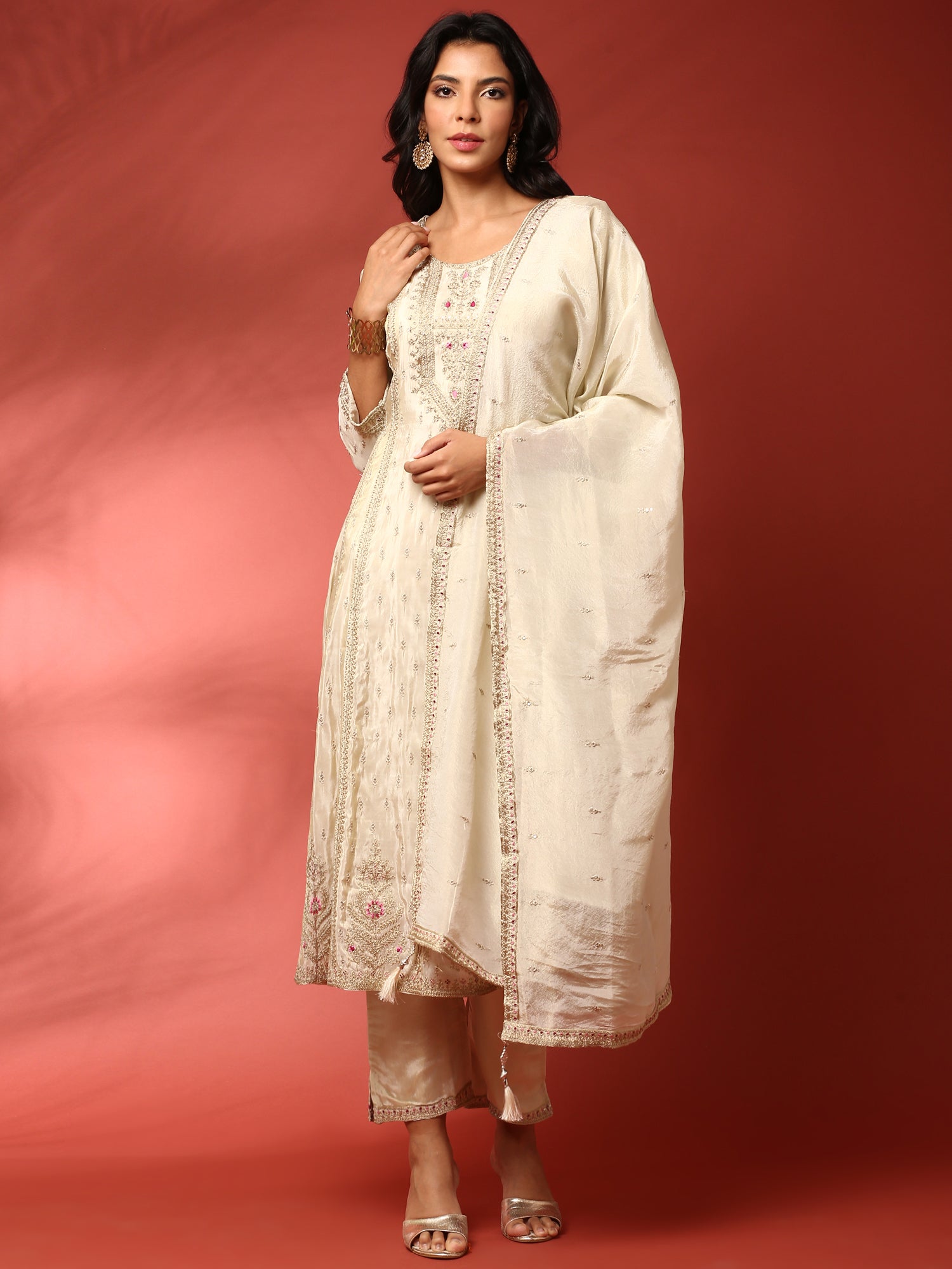 Beige three piece tissue silk hand embroidered anarkali set