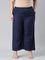 Women Solid Navy Mid Rise Linen Wide Pant