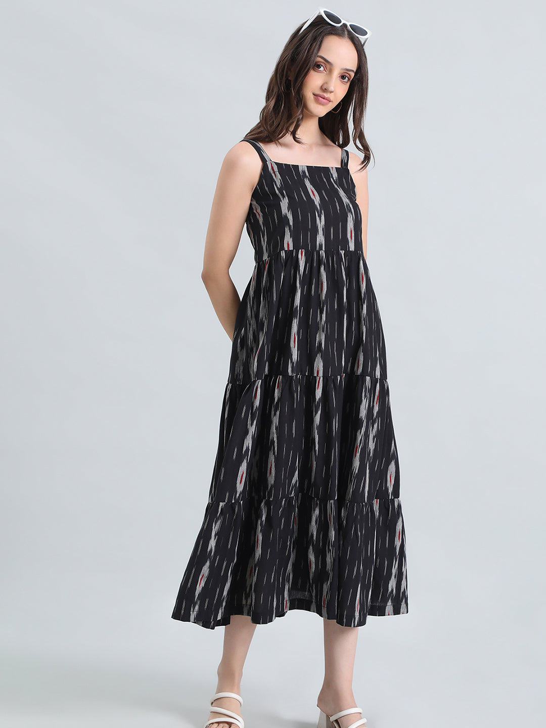 Ikat Print Cotton Smocked Back Tiered Dress