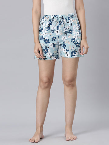 Blue Cotton Knit Printed Lounge Shorts