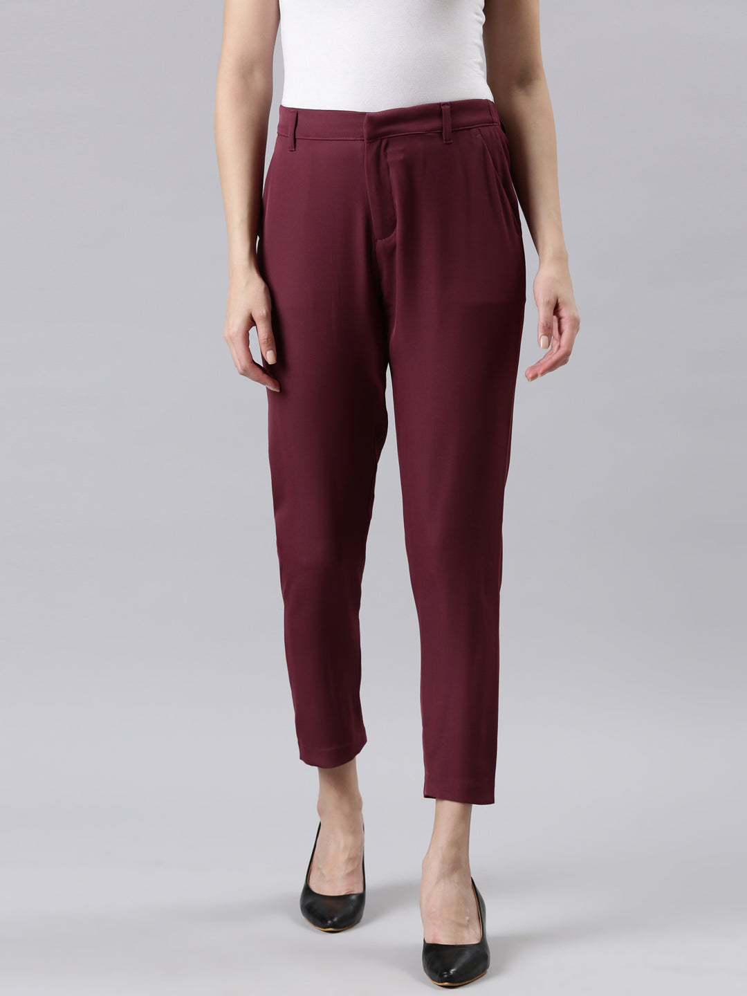 Women Dark Wine Crepe Pants