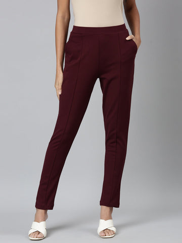 Women Solid Bright Maroon Stretch Ponte Pants