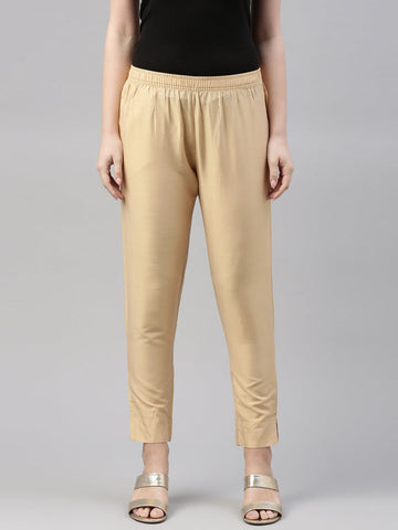 Women Light Gold Solid Mid Rise Metallic Pants