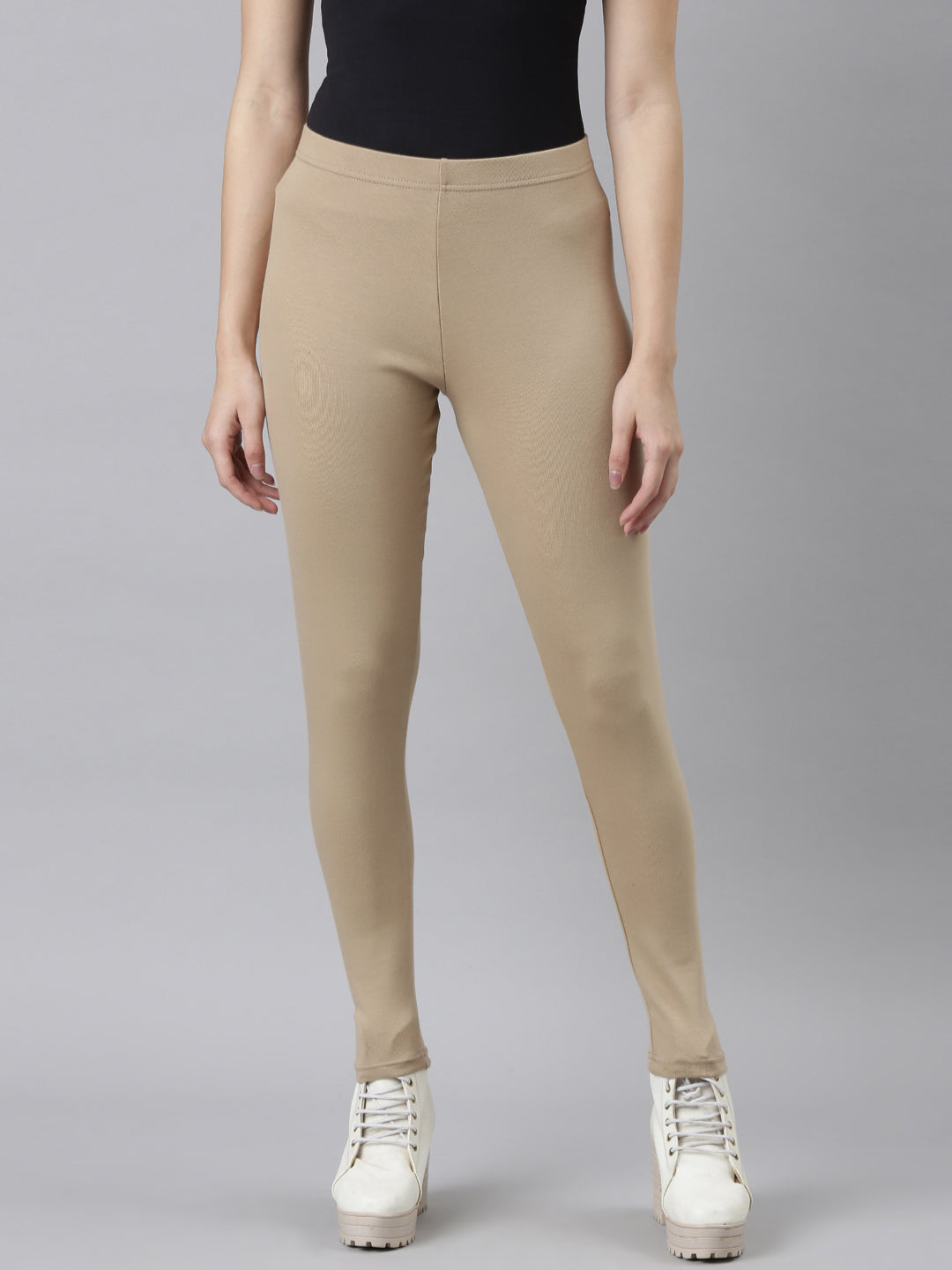 Women Solid Beige Ribbed Warm Leggings – Cherrypick